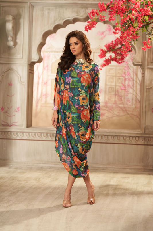 Cotton Dark Floral Printed Boat Neck Draped Dress