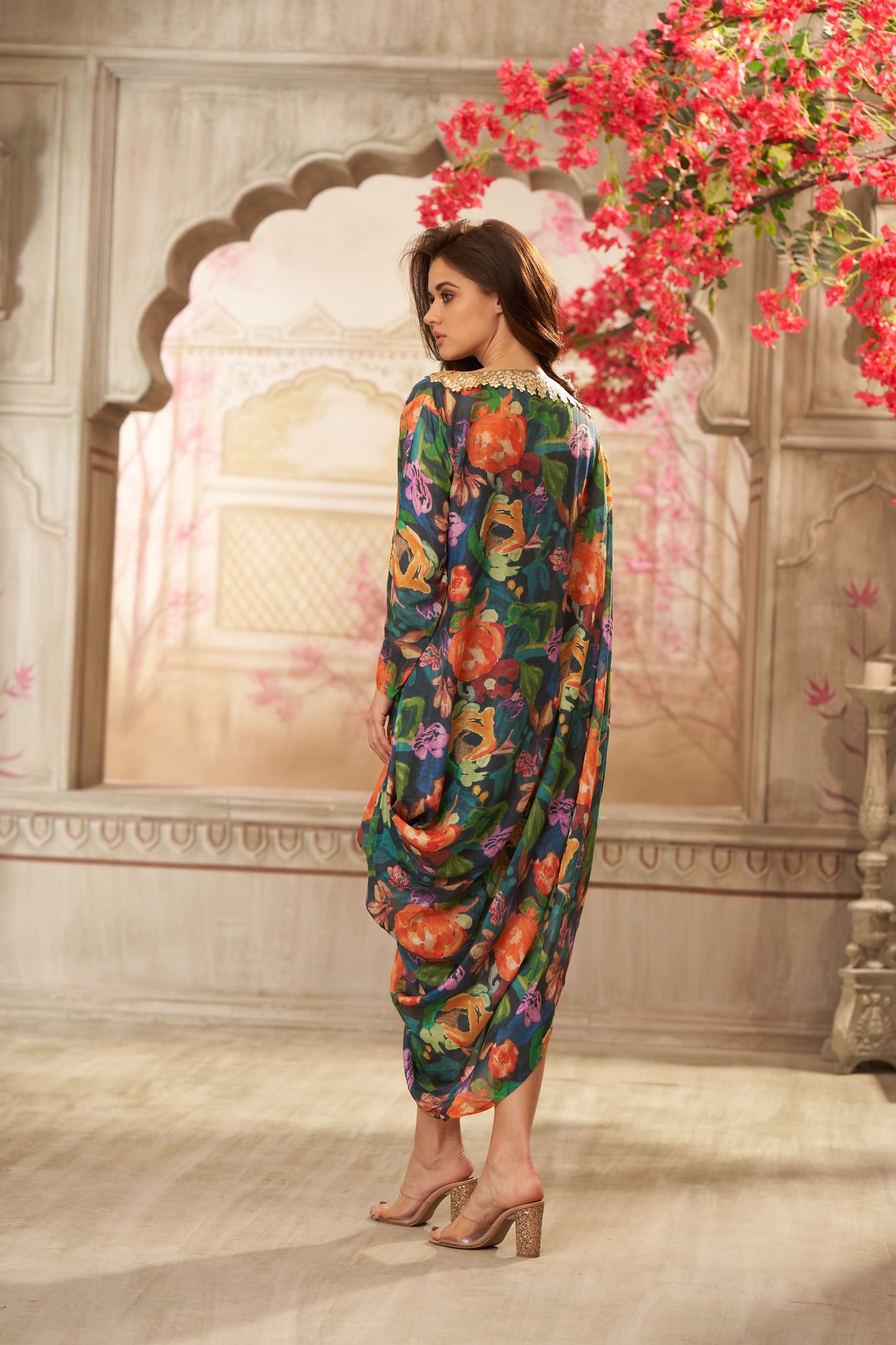 Cotton Dark Floral Printed Boat Neck Draped Dress