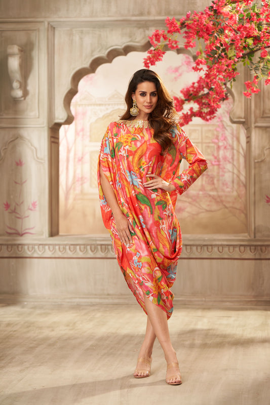 Cotton Orange Floral Printed Boat Neck Draped Dress