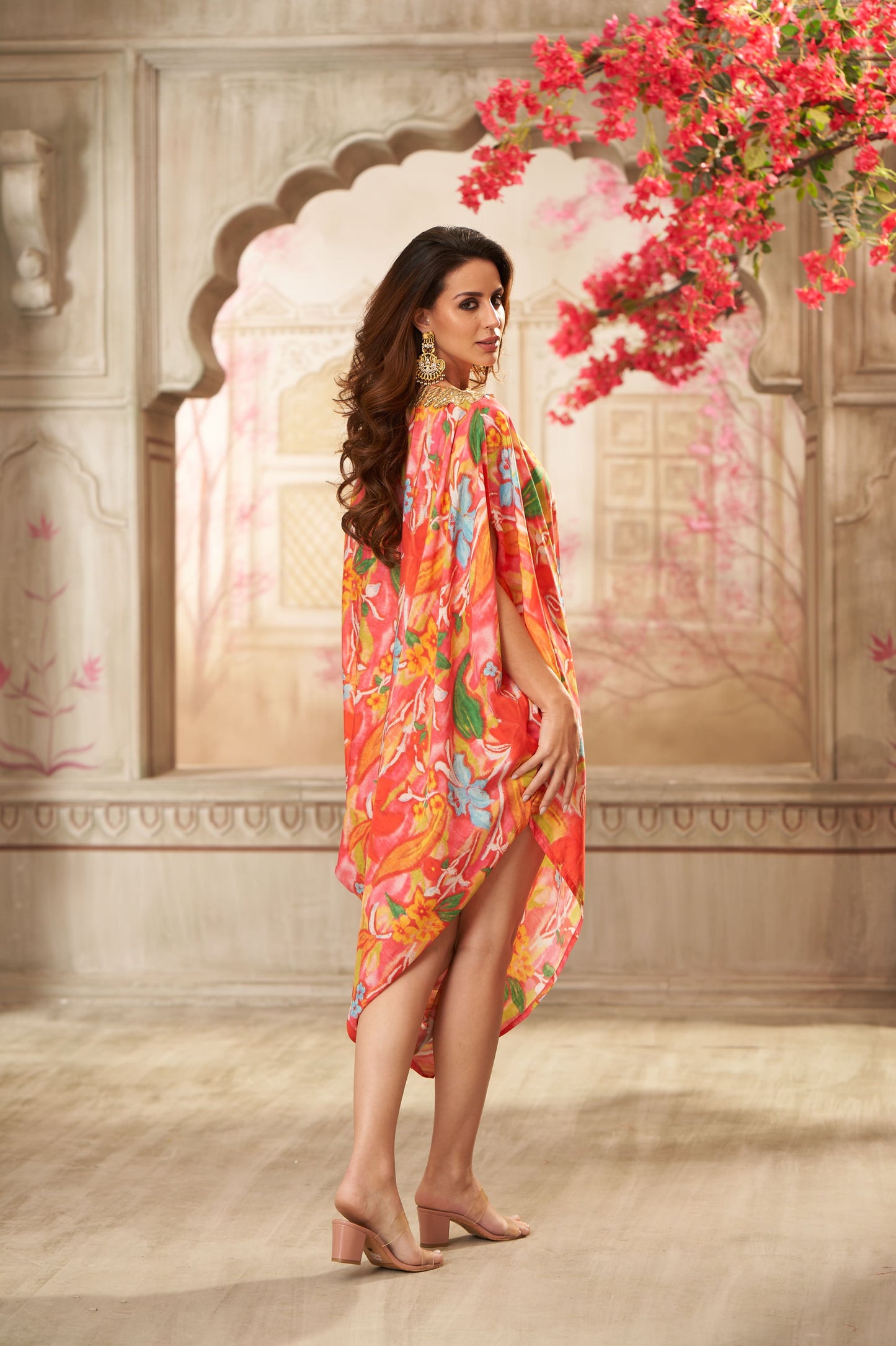 Cotton Orange Floral Printed Boat Neck Draped Dress