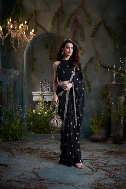 Black Chinon Pre-Draped Saree With Incut Blouse