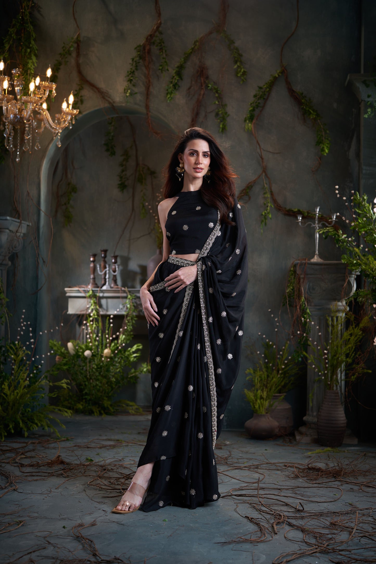 Black Chinon Pre-Draped Saree With Incut Blouse