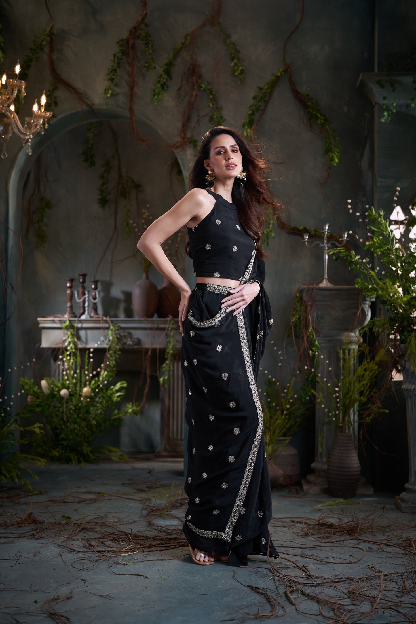 Black Chinon Pre-Draped Saree With Incut Blouse
