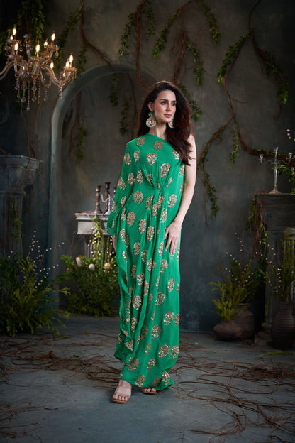 Green One Shoulder Embroidered Georgette Midi Dress