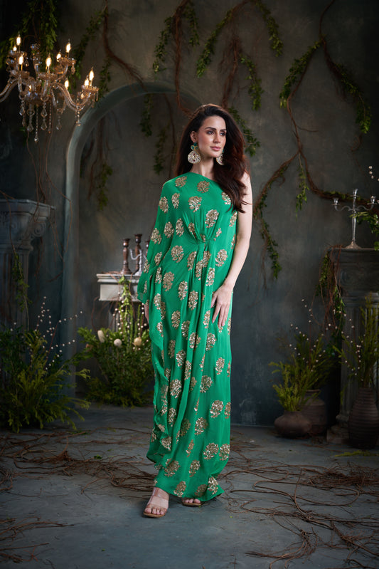 Green One Shoulder Embroidered Georgette Midi Dress