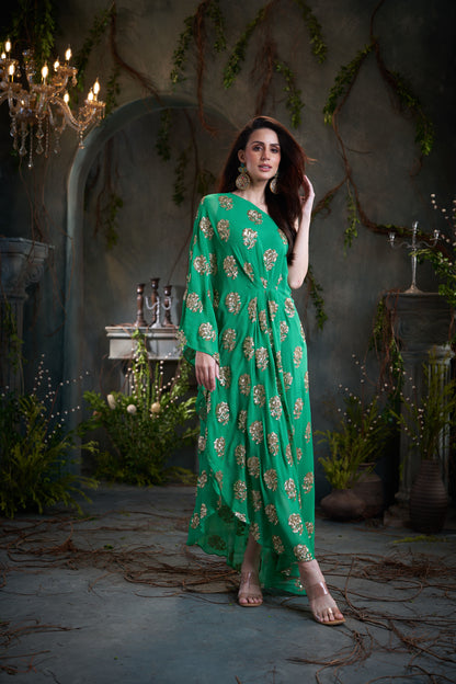 Green One Shoulder Embroidered Georgette Midi Dress