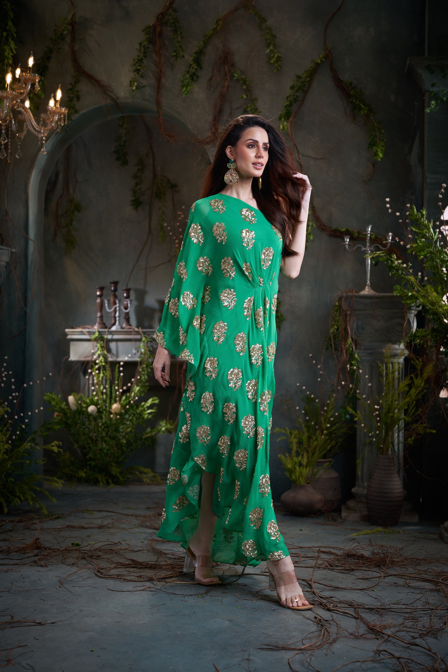 Green One Shoulder Embroidered Georgette Midi Dress