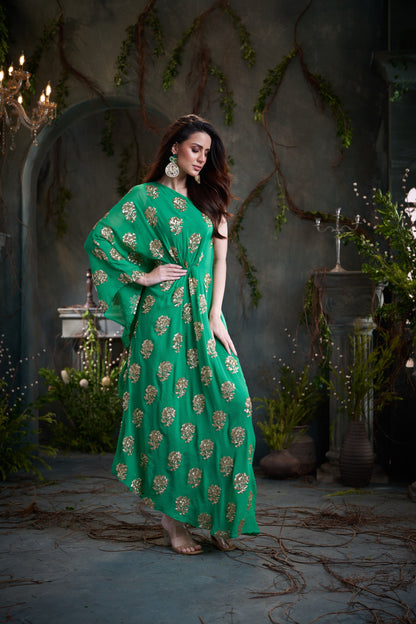 Green One Shoulder Embroidered Georgette Midi Dress