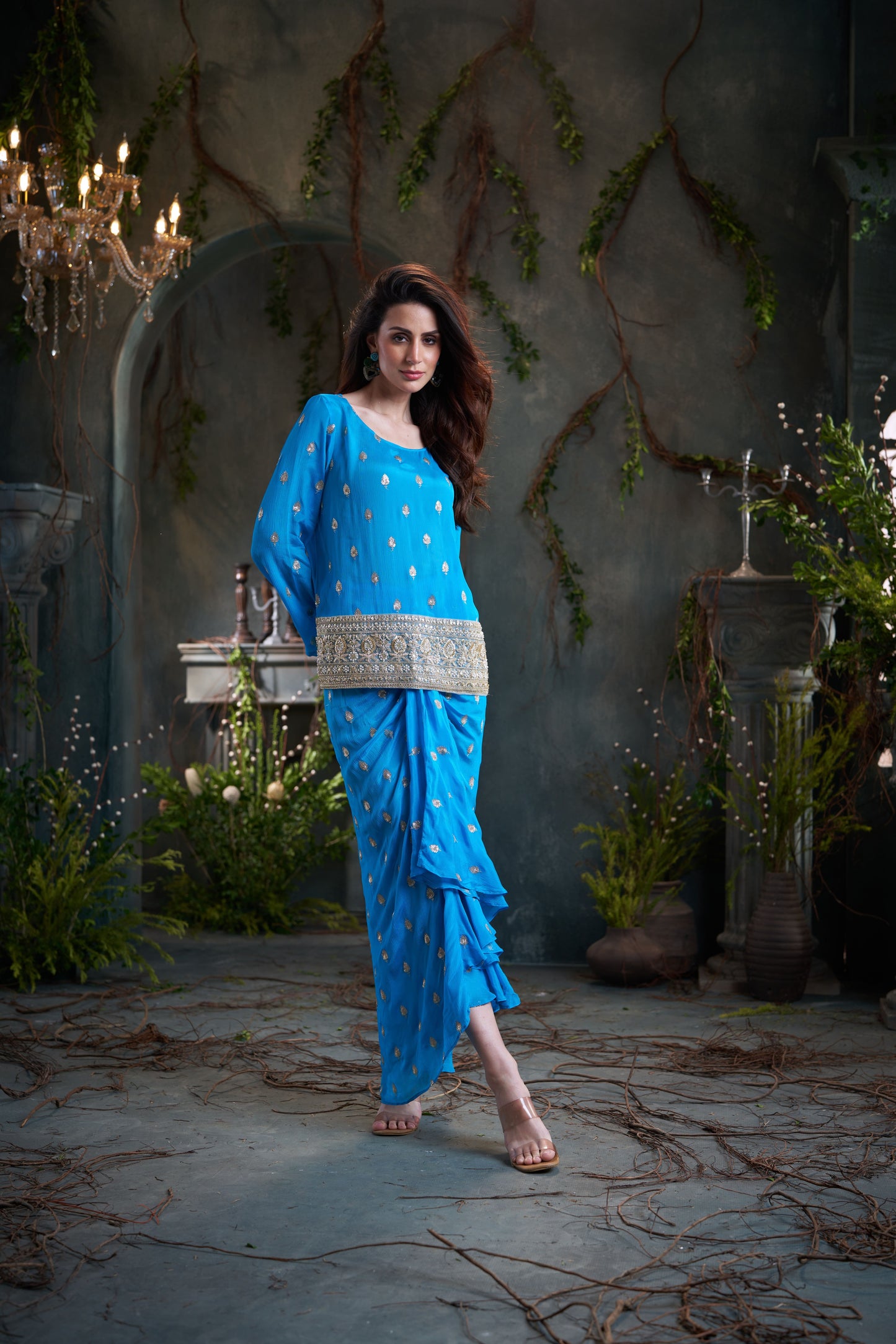 Aqua Drop Sleeves Embroidered Chinon Top With Front Pleated Skirt