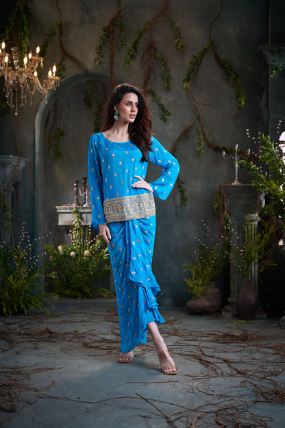 Aqua Drop Sleeves Embroidered Chinon Top With Front Pleated Skirt