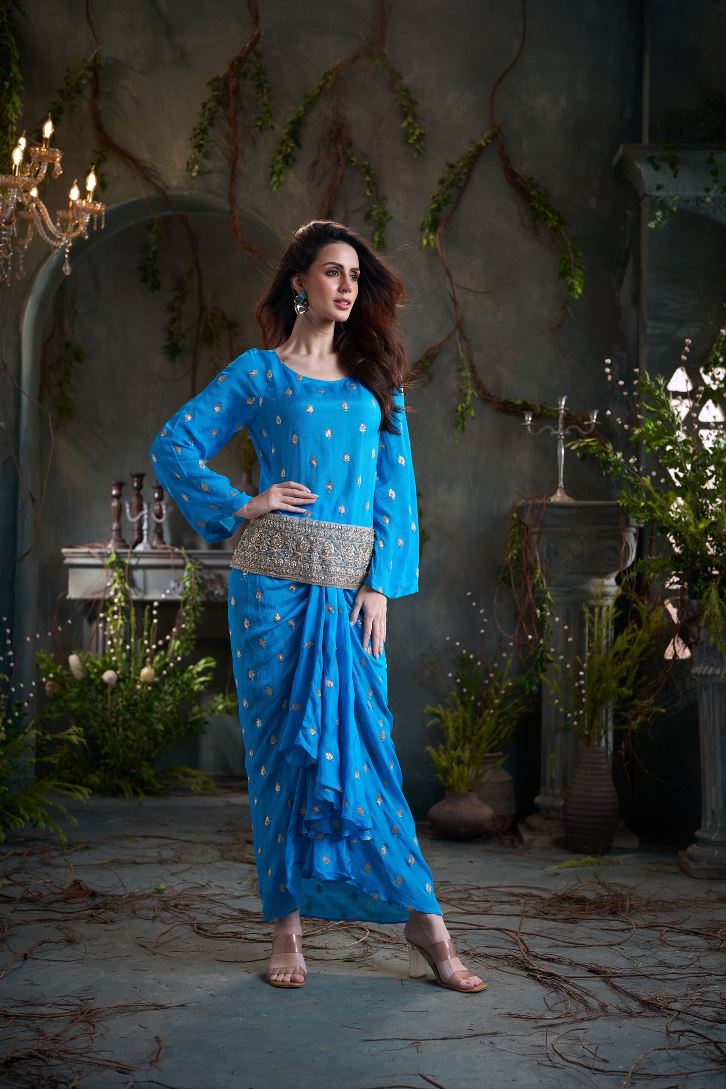 Aqua Drop Sleeves Embroidered Chinon Top With Front Pleated Skirt