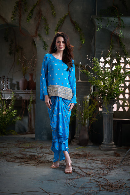 Aqua Drop Sleeves Embroidered Chinon Top With Front Pleated Skirt