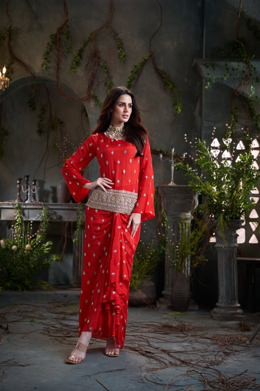 Red Drop Sleeves Embroidered Chinon Top With Front Pleated Skirt