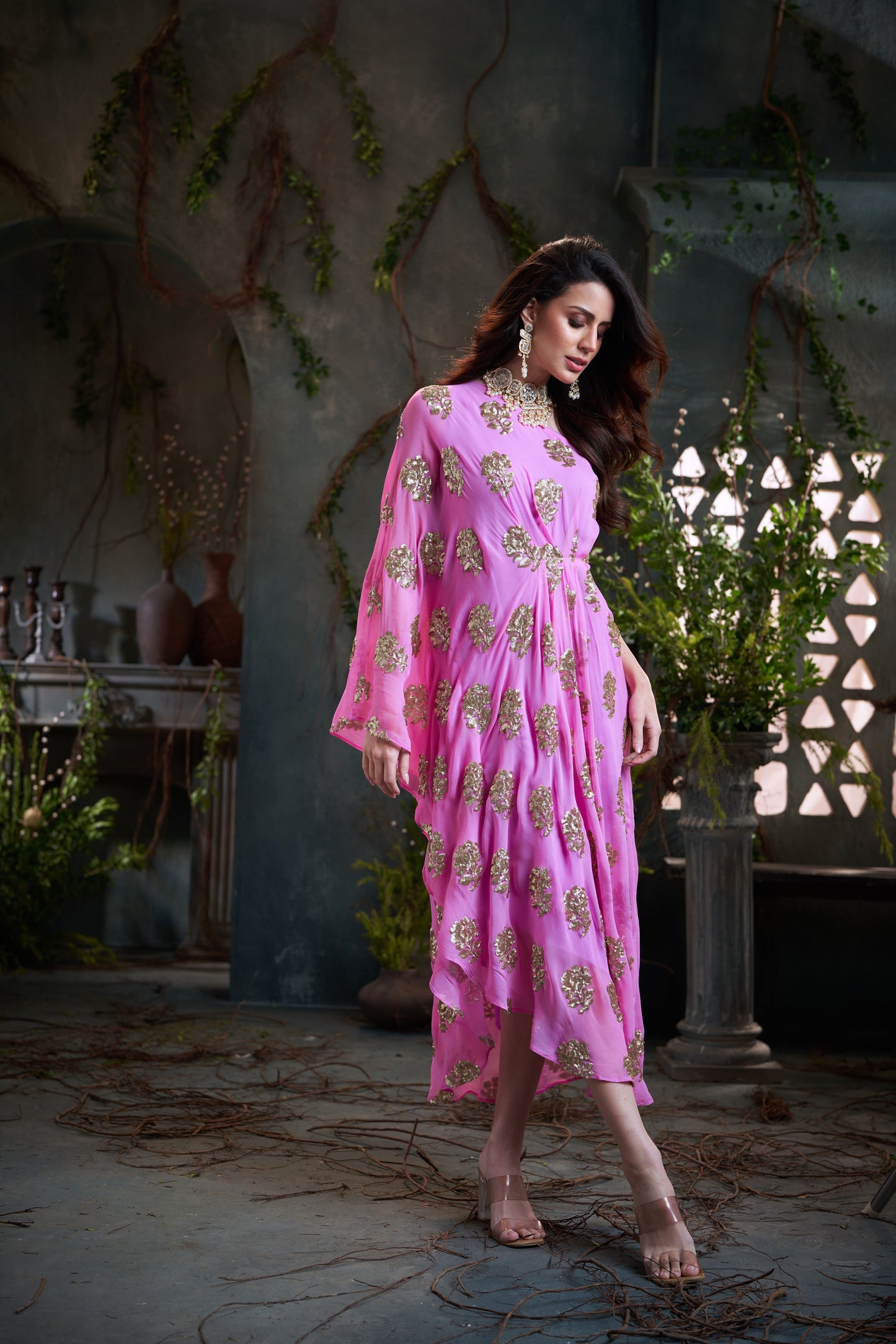 Pink One Shoulder Embroidered Georgette Midi Dress