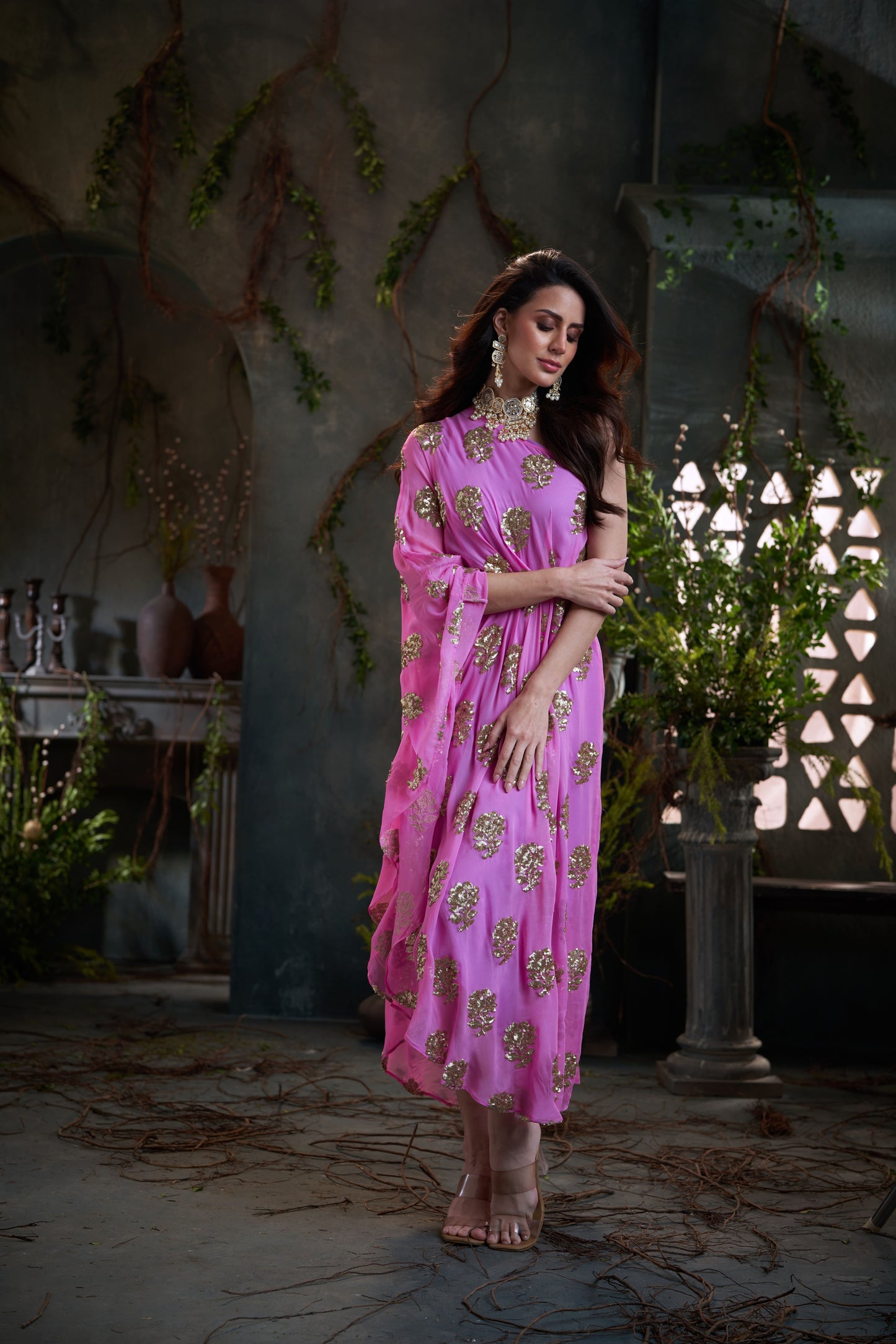 Pink One Shoulder Embroidered Georgette Midi Dress