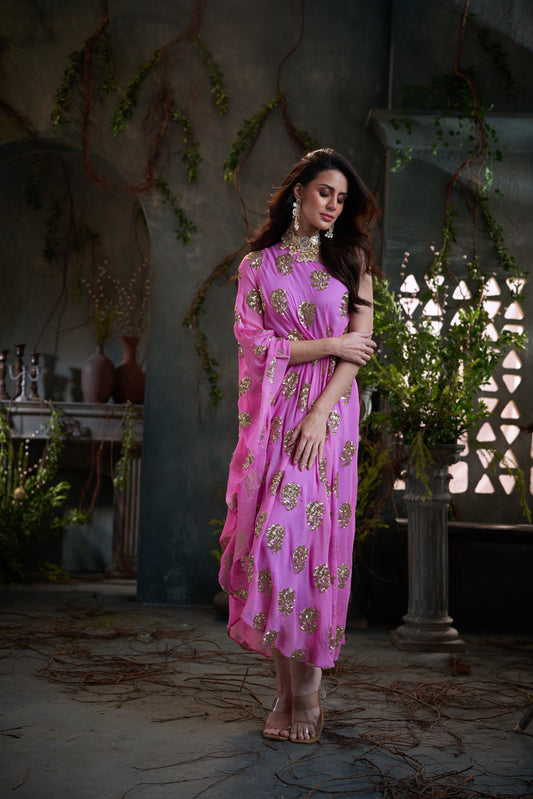 Pink One Shoulder Embroidered Georgette Midi Dress