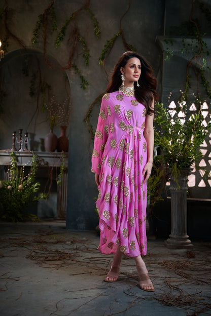 Pink One Shoulder Embroidered Georgette Midi Dress