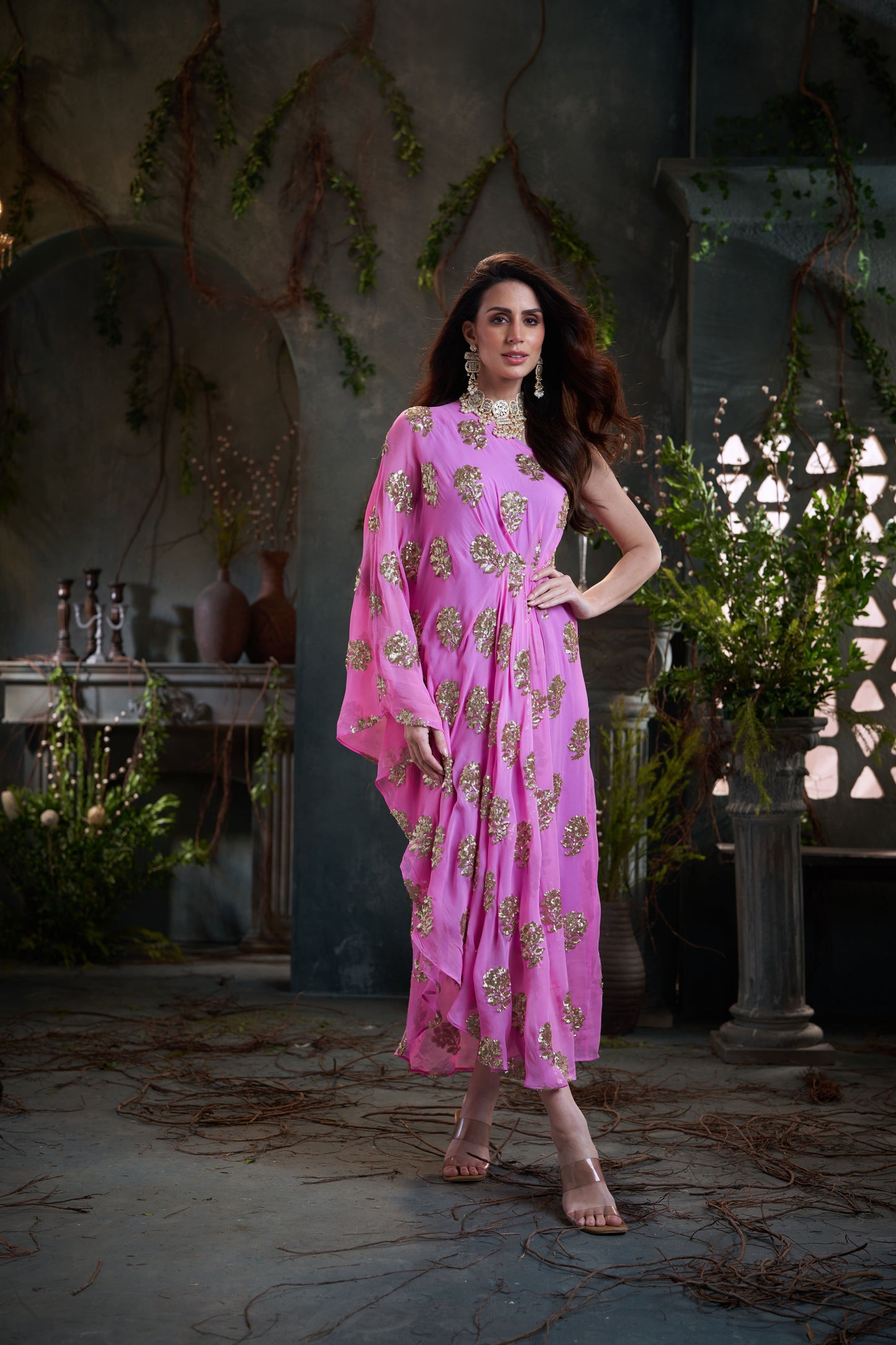 Pink One Shoulder Embroidered Georgette Midi Dress