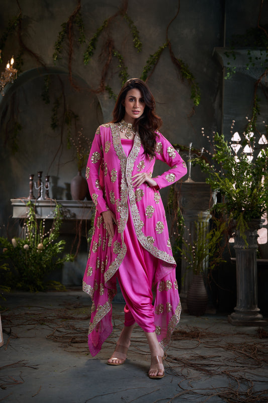 Pink Georgette & Silk Embroidered Jacket With Jumper