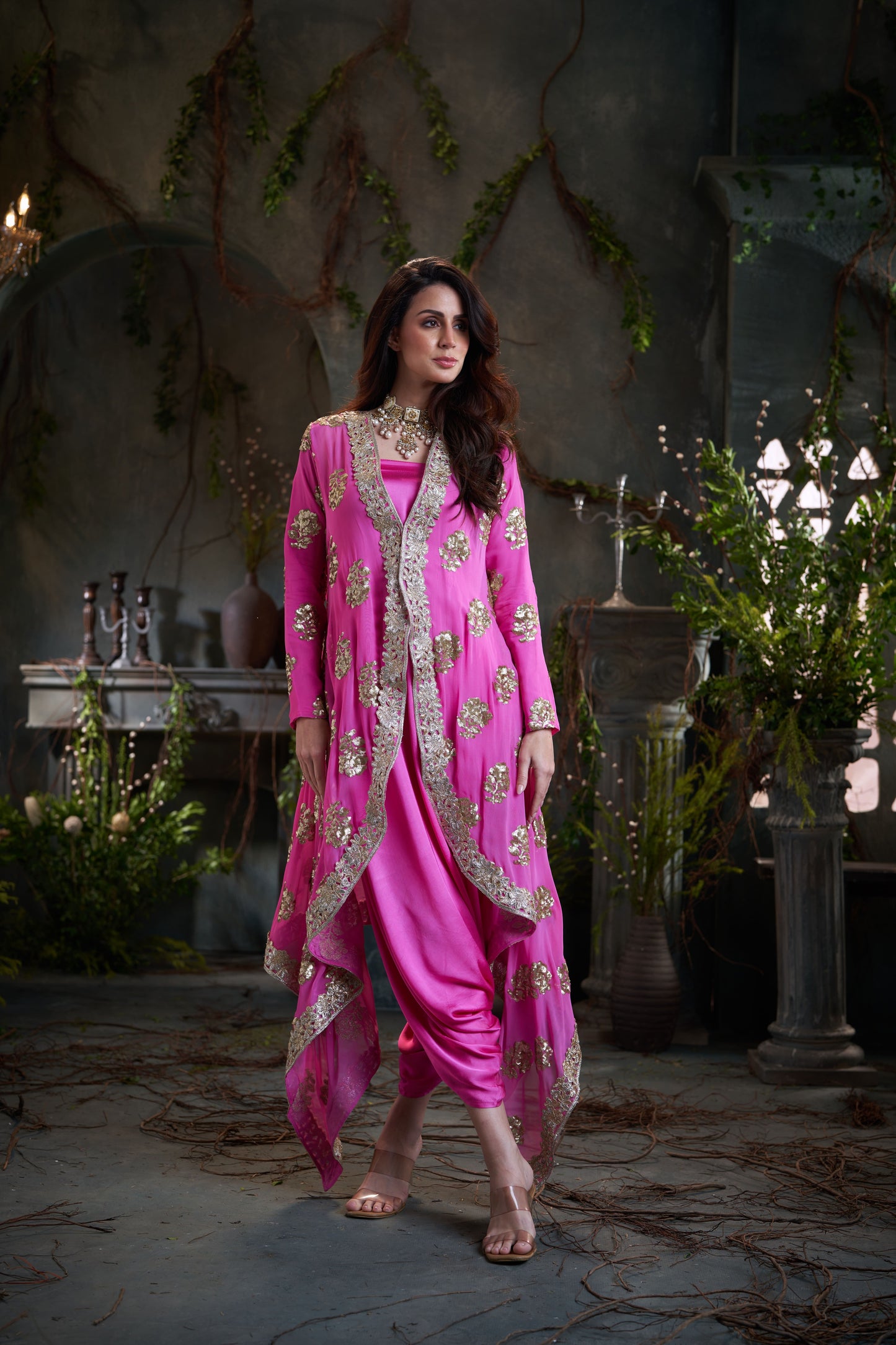 Pink Georgette & Silk Embroidered Jacket With Jumper