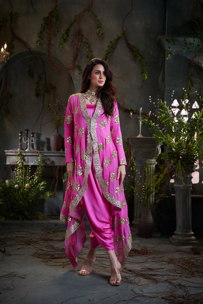 Pink Georgette & Silk Embroidered Jacket With Jumper