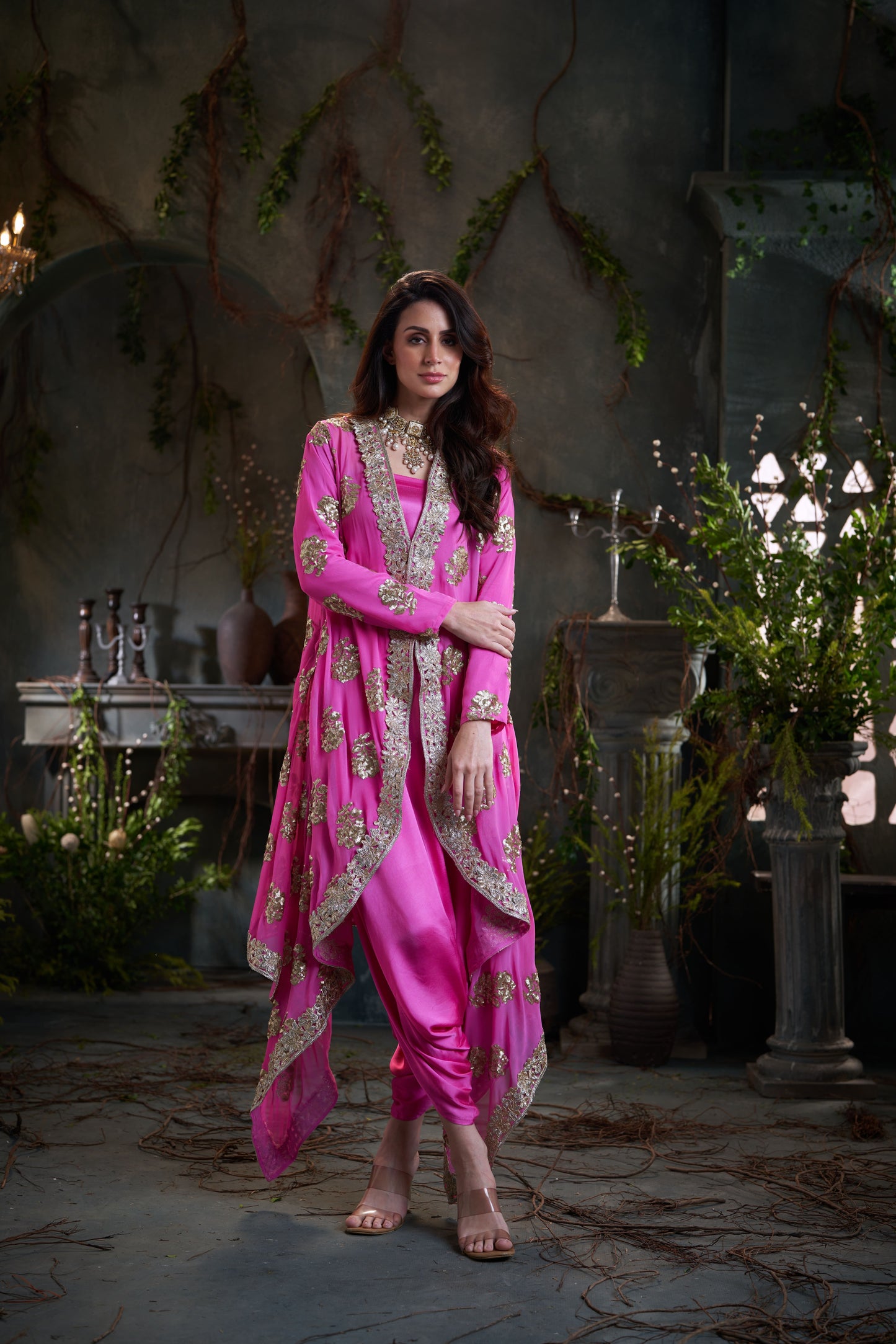 Pink Georgette & Silk Embroidered Jacket With Jumper