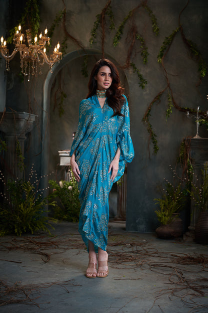 Turquoise Chinon Embroidered Midi Dress