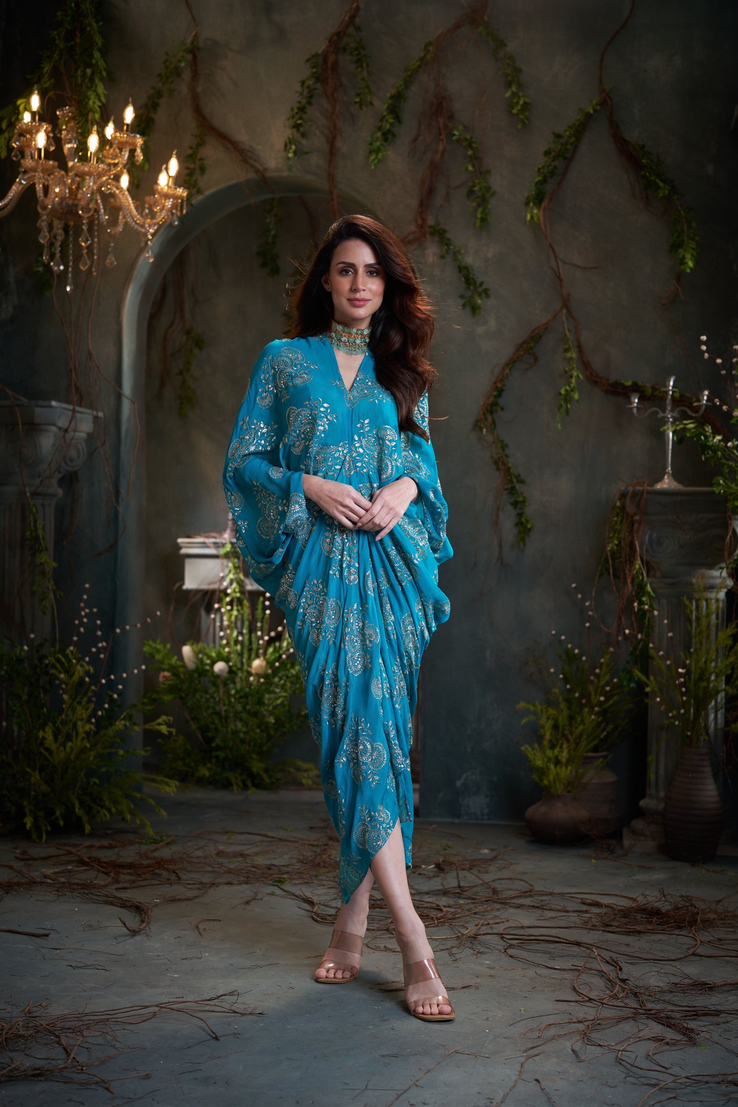 Turquoise Chinon Embroidered Midi Dress