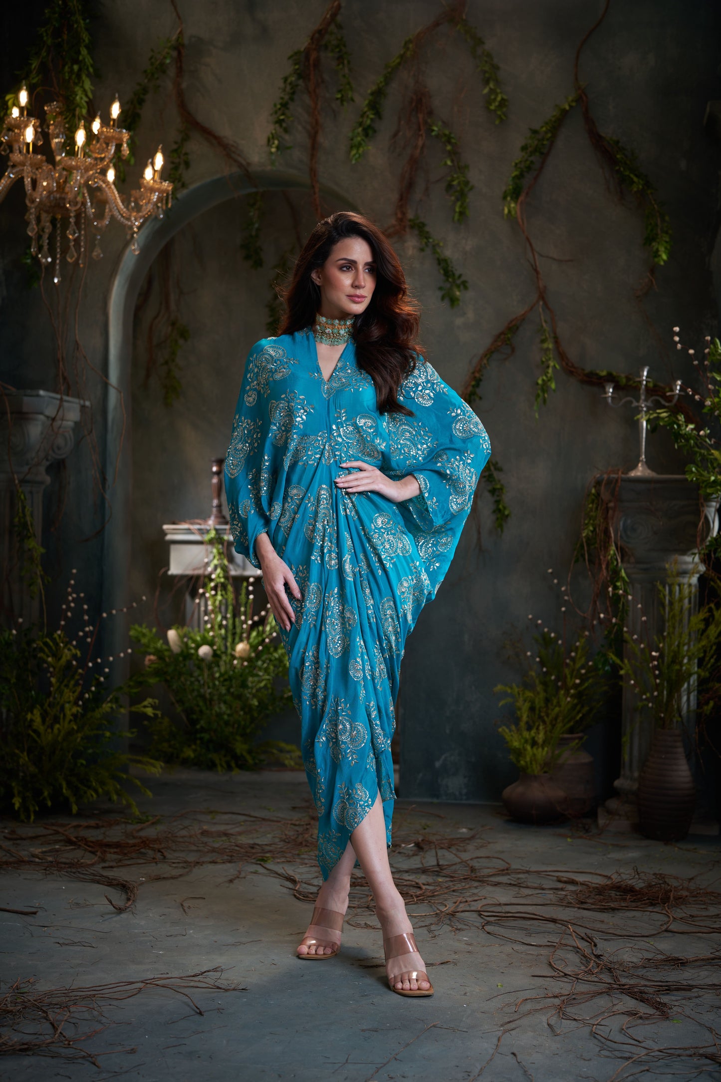 Turquoise Chinon Embroidered Midi Dress