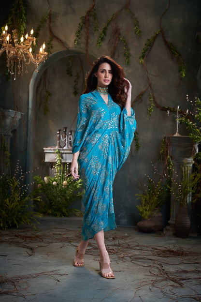 Turquoise Chinon Embroidered Midi Dress