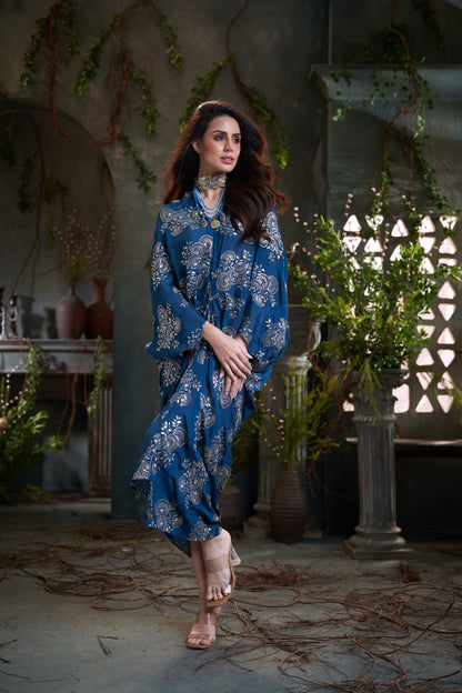 Teal Chinon Embroidered Midi Dress