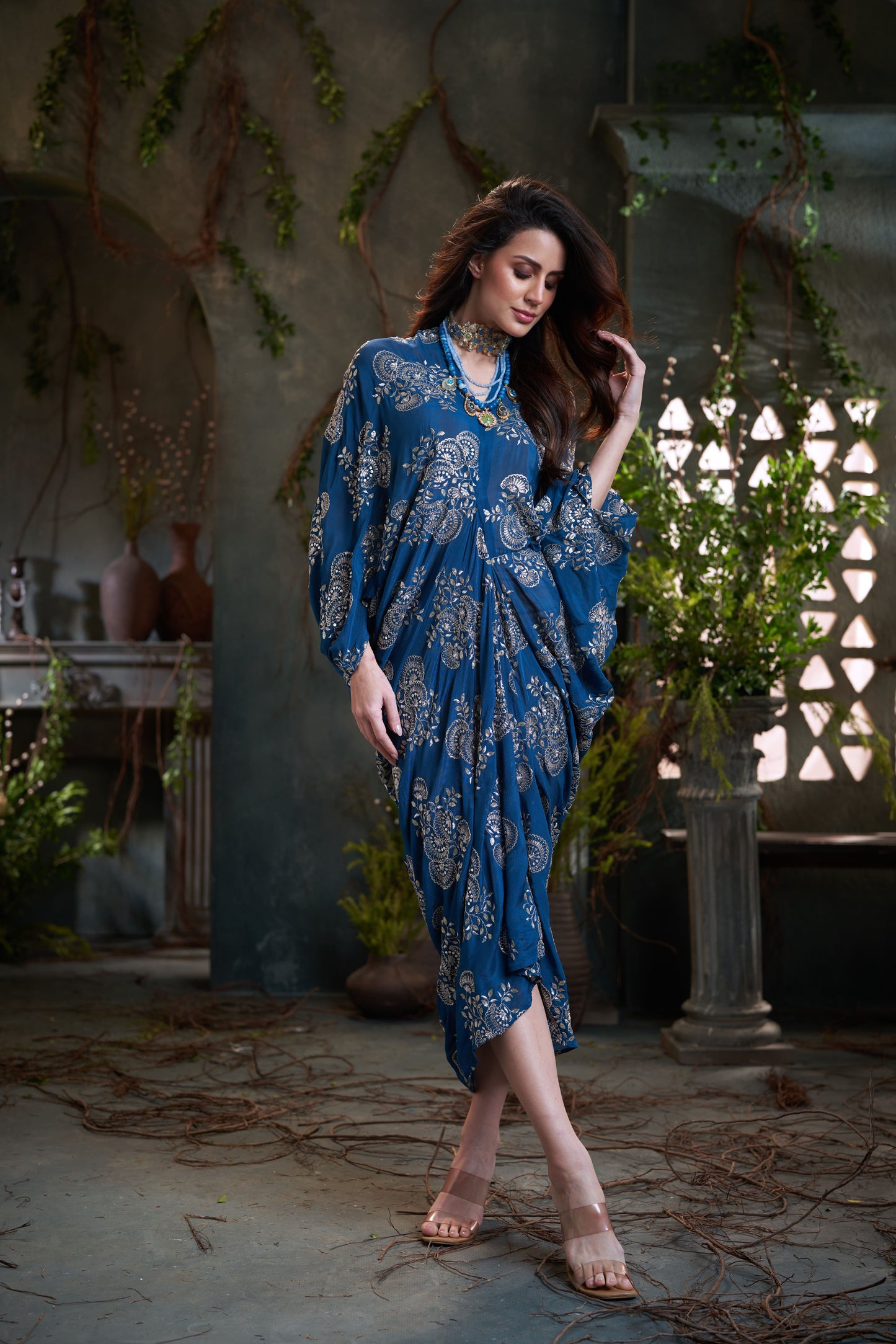 Teal Chinon Embroidered Midi Dress