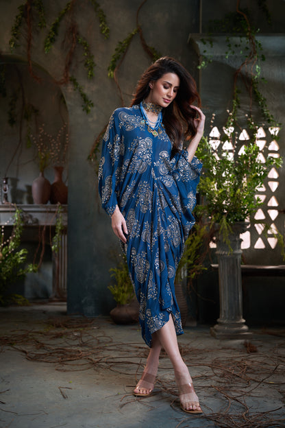 Teal Chinon Embroidered Midi Dress