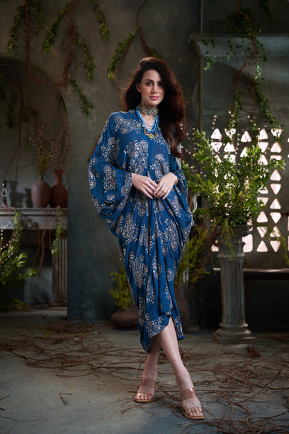 Teal Chinon Embroidered Midi Dress