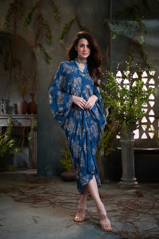 Teal Chinon Embroidered Midi Dress