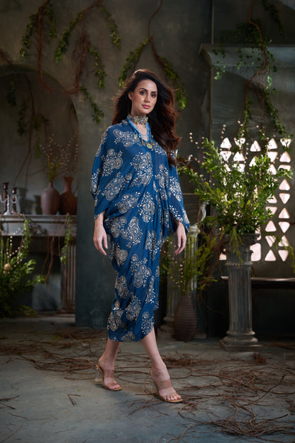 Teal Chinon Embroidered Midi Dress