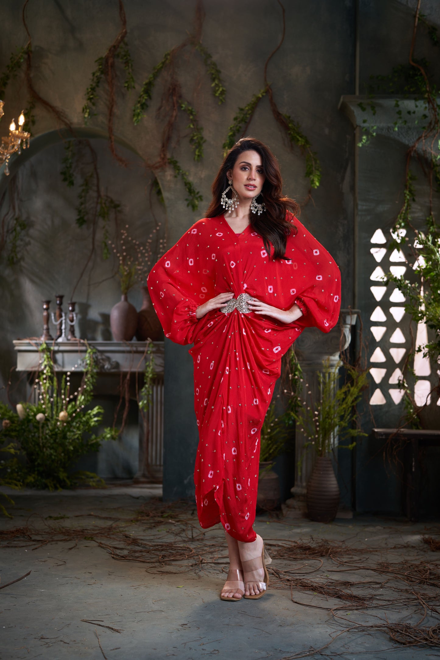 Red Chinon Pleated Batik Midi Dress