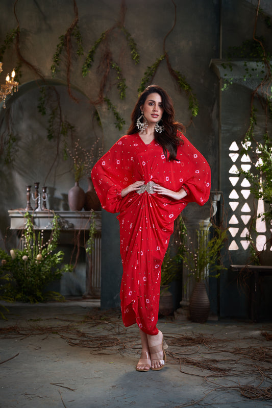 Red Chinon Pleated Batik Midi Dress