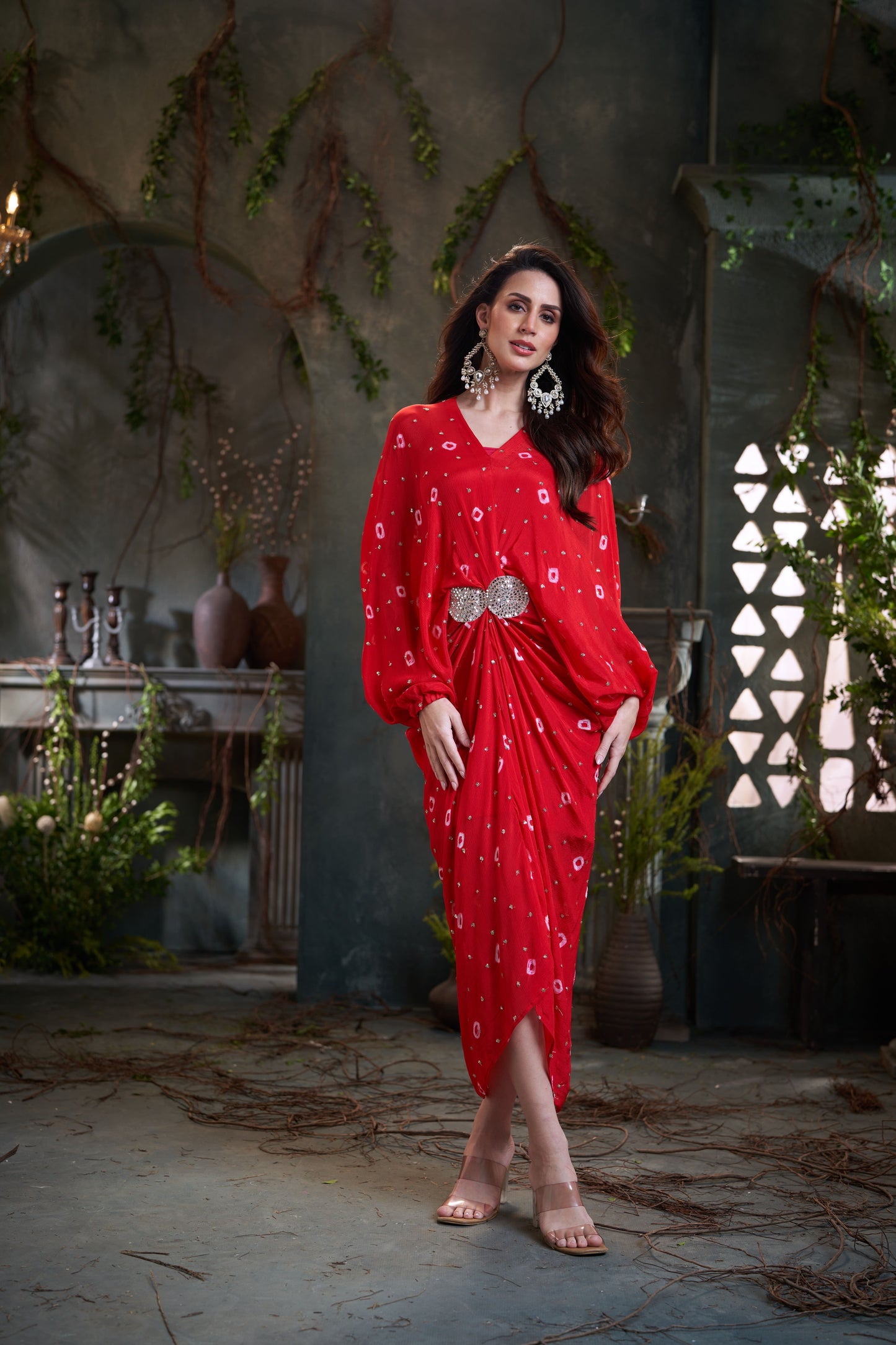 Red Chinon Pleated Batik Midi Dress