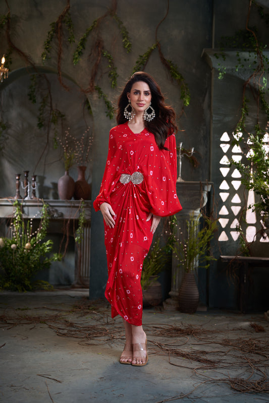 Red Chinon Pleated Batik Midi Dress