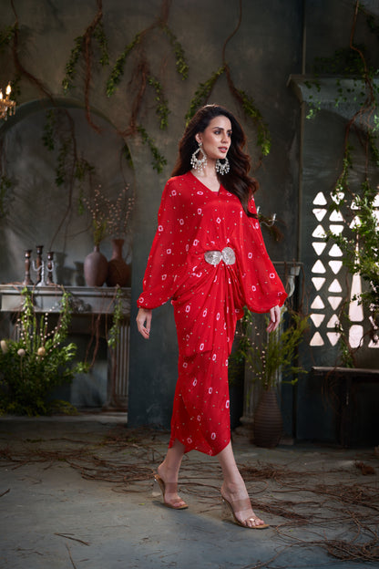 Red Chinon Pleated Batik Midi Dress