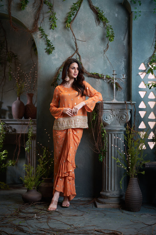 Peach Drop Sleeves Embroidered Chinon Top With Front Pleated Skirt