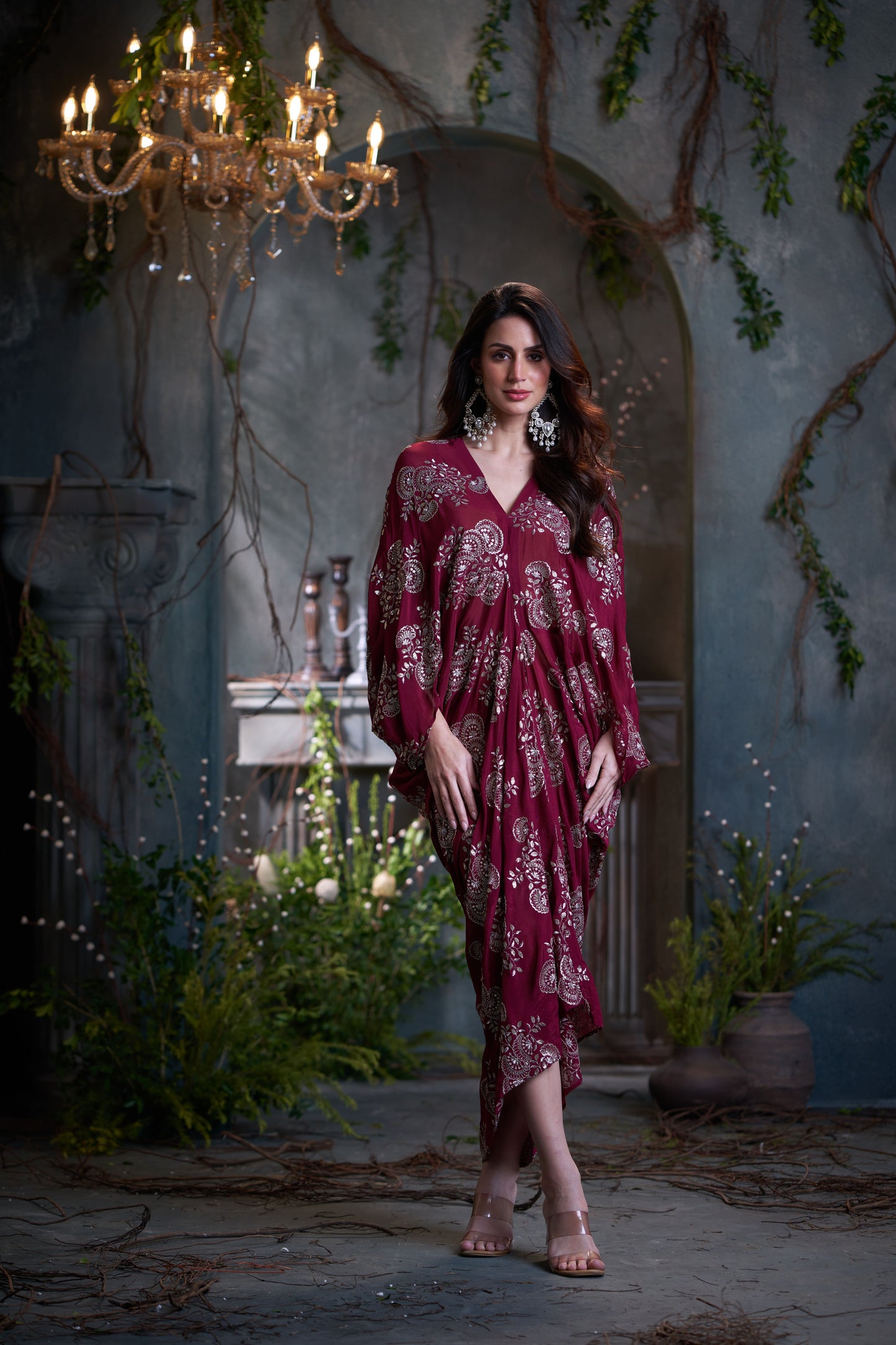 Maroon Chinon Embroidered Midi Dress