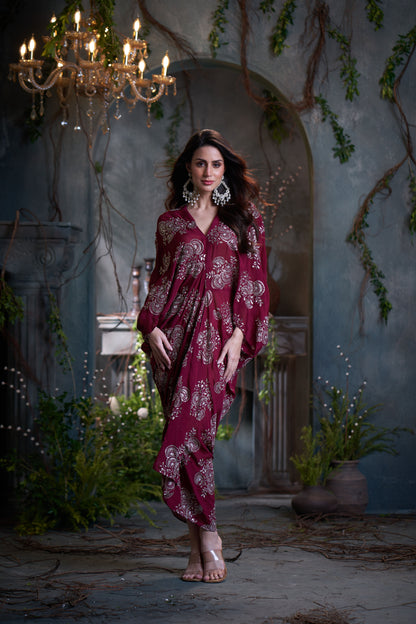 Maroon Chinon Embroidered Midi Dress