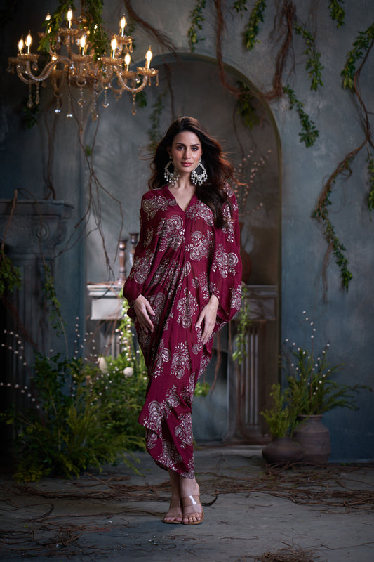 Maroon Chinon Embroidered Midi Dress