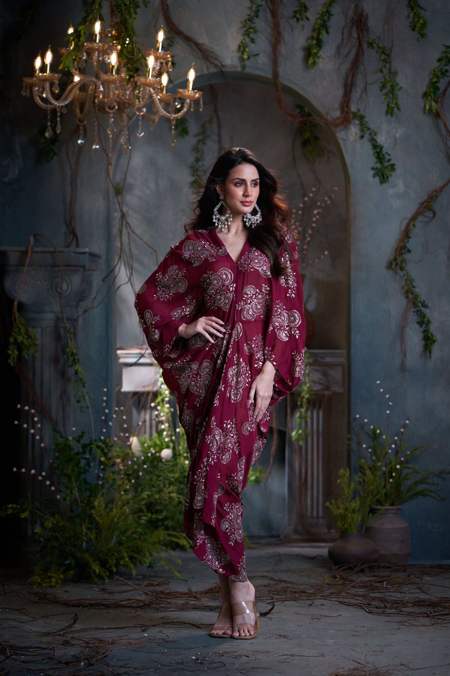 Maroon Chinon Embroidered Midi Dress