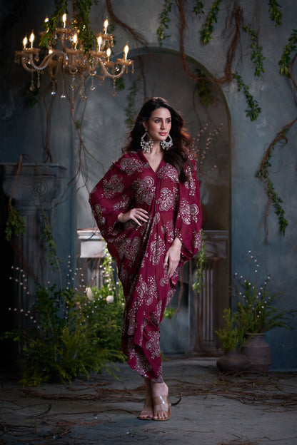 Maroon Chinon Embroidered Midi Dress