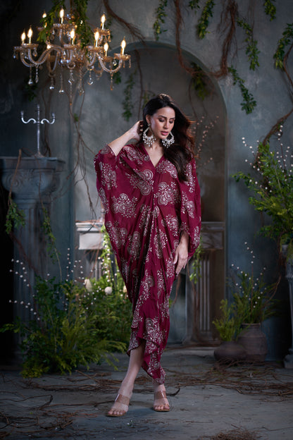 Maroon Chinon Embroidered Midi Dress