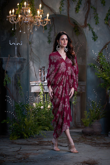 Maroon Chinon Embroidered Midi Dress