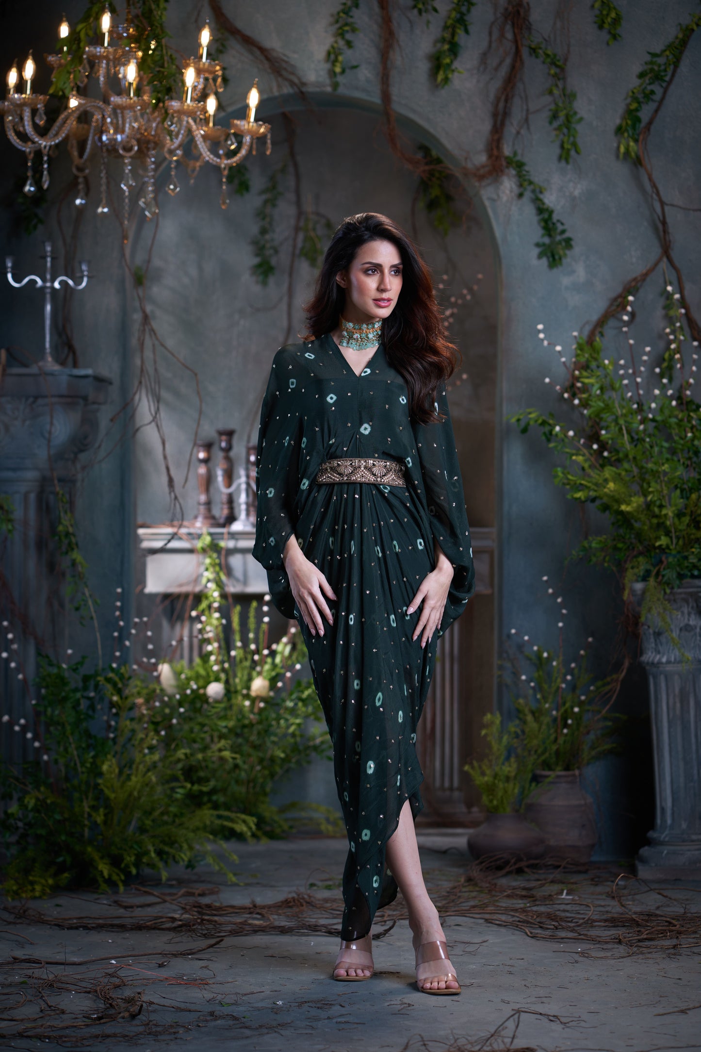 Bottle Green Chinon Batik Midi Dress With Belt